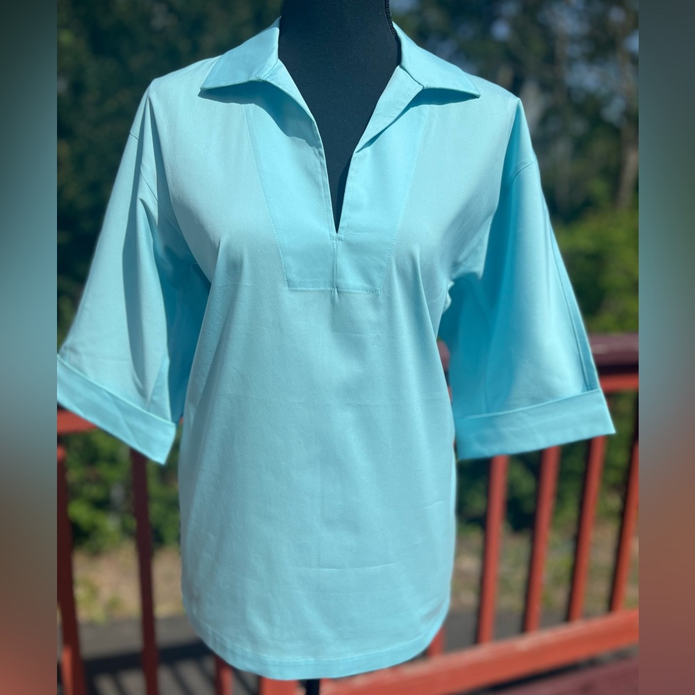 LAFAYETTE 148 NEW YORK NEW ITALIAN COTTON STRETCH BLOUSE IN LAGOON SIZE SMALL - Picture 6 of 13